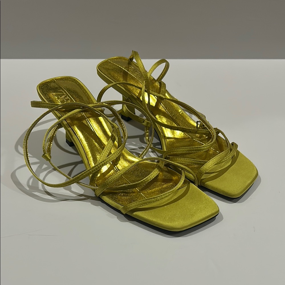 Zara Gold Strappy Heels with Square Toe